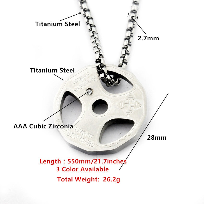 Titanium Stainless Steel Fitness Gym Necklace Weight Plate Barbell Dumbbell Weightlifting Bodybuilding Crossfit Exercise Jewelry